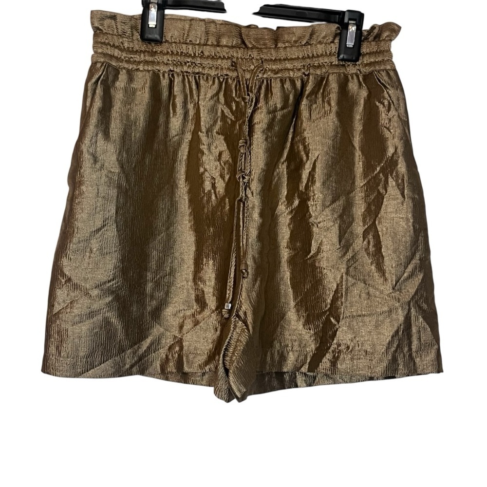 Zara Metallic Effect Drawstring Shorts Sz XS Bronze Elastic Paper bag Waist - Picture 2 of 8